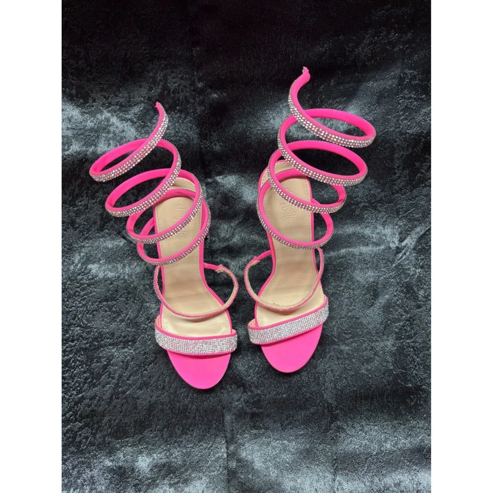 Charlotte Russe Hot Pink Rhinestone Spiral Wrap Around Block Heel Sandals Size 8